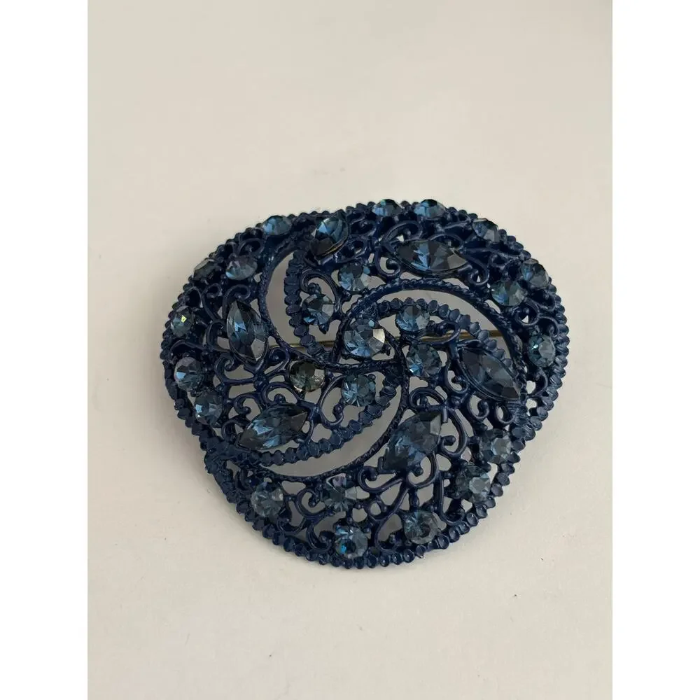 Vintage Blue Rhinestones Blue Enamel Dommed Brooch